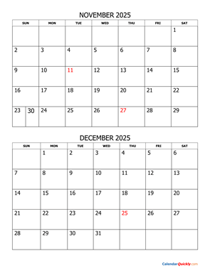 November and December 2025 Calendar Vertical