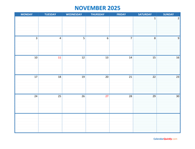 November Monday 2025 Blank Calendar