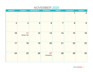 November Monday 2025 Calendar Printable