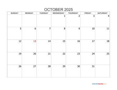 October 2025 Blank Calendar