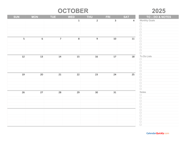 October 2025 Calendar with To-Do List