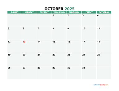 October 2025 Printable Calendar