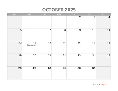 October Calendar 2025 with Holidays