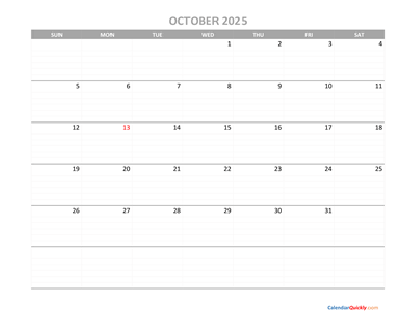 October Calendar 2025 Printable