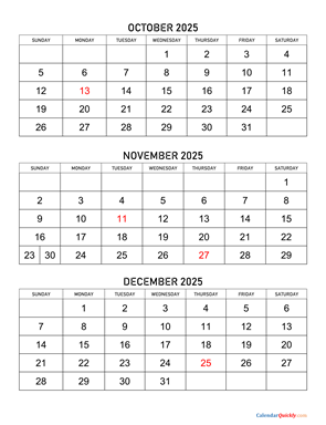 October to December 2025 Calendar Vertical