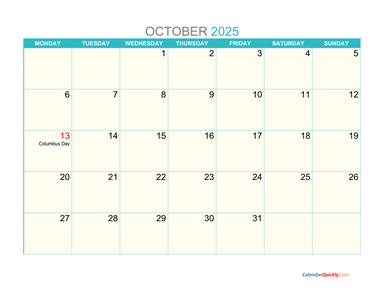 October Monday 2025 Calendar Printable