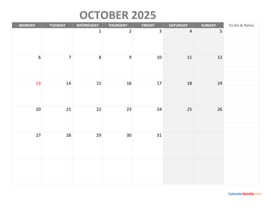 October Monday Calendar 2025 with Notes