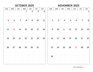 October and November 2025 Calendar Horizontal