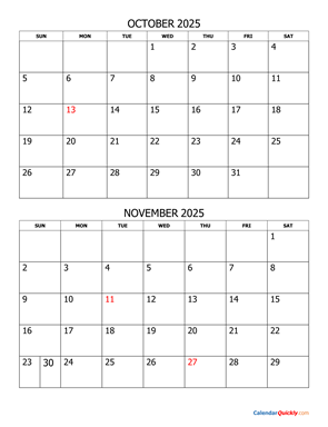 October and November 2025 Calendar Vertical