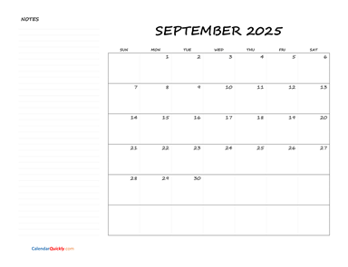 September Blank Calendar 2025 with Notes