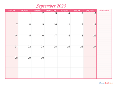 September Calendar 2025 with Notes