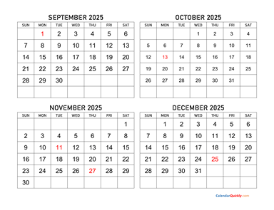 September to December 2025 Calendar