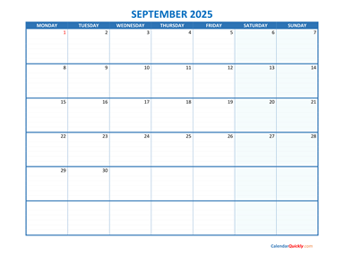 September Monday 2025 Blank Calendar