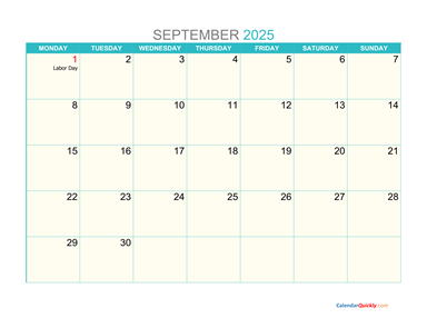 September Monday 2025 Calendar Printable