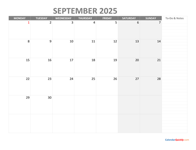 September Monday Calendar 2025 with Notes