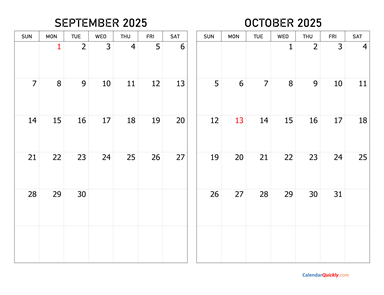 September and October 2025 Calendar Horizontal