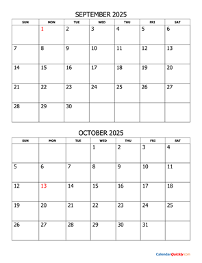 September and October 2025 Calendar Vertical