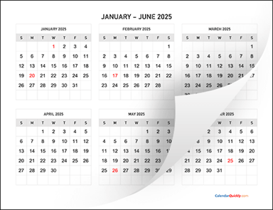 Six Months 2025 Calendar Horizontal