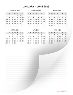 Six Months 2025 Calendar with Notes