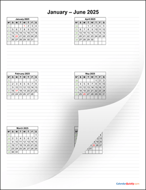 Six Months 2025 Calendar Vertical