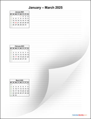 Three Months 2025 Calendar with Notes