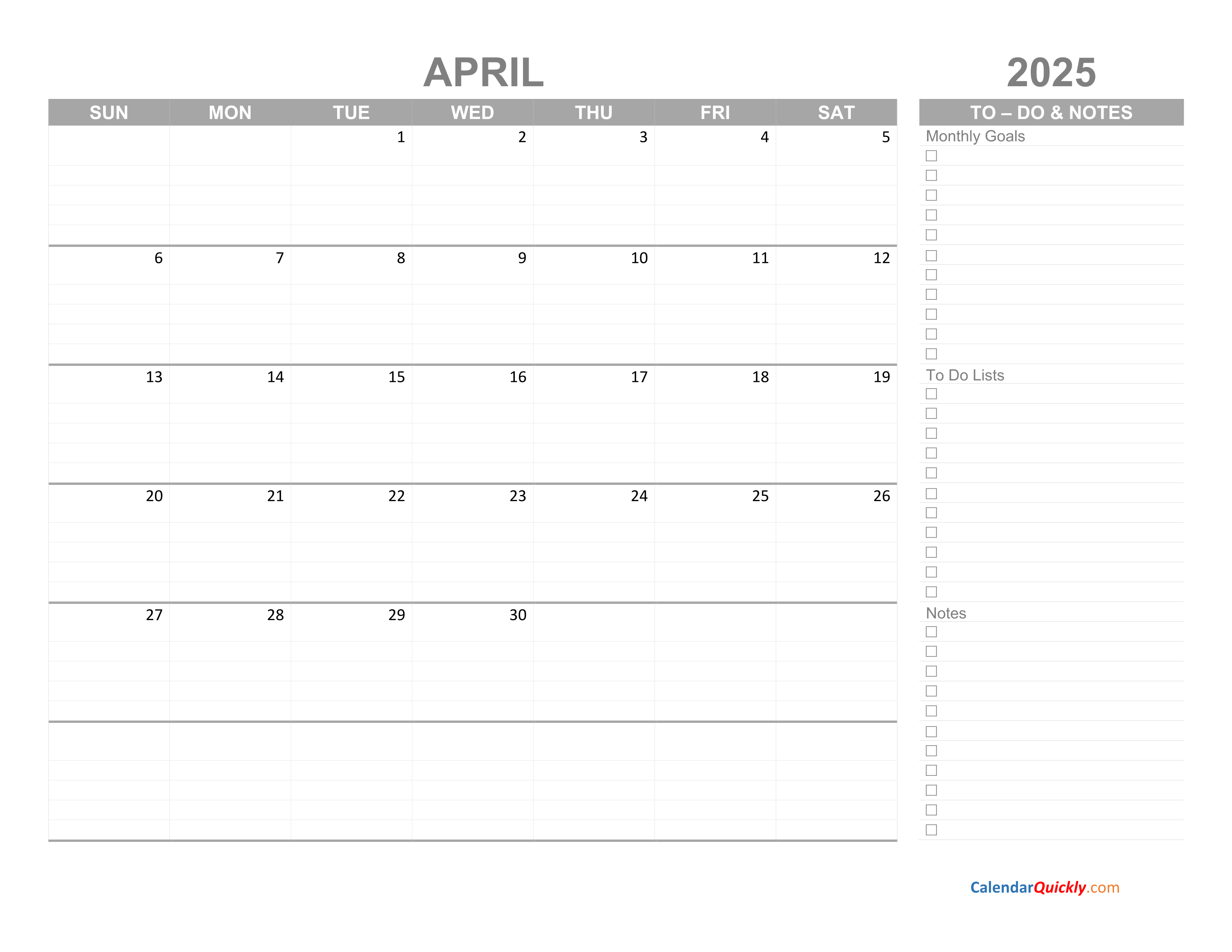 April 2025 Calendar with ToDo List Calendar Quickly