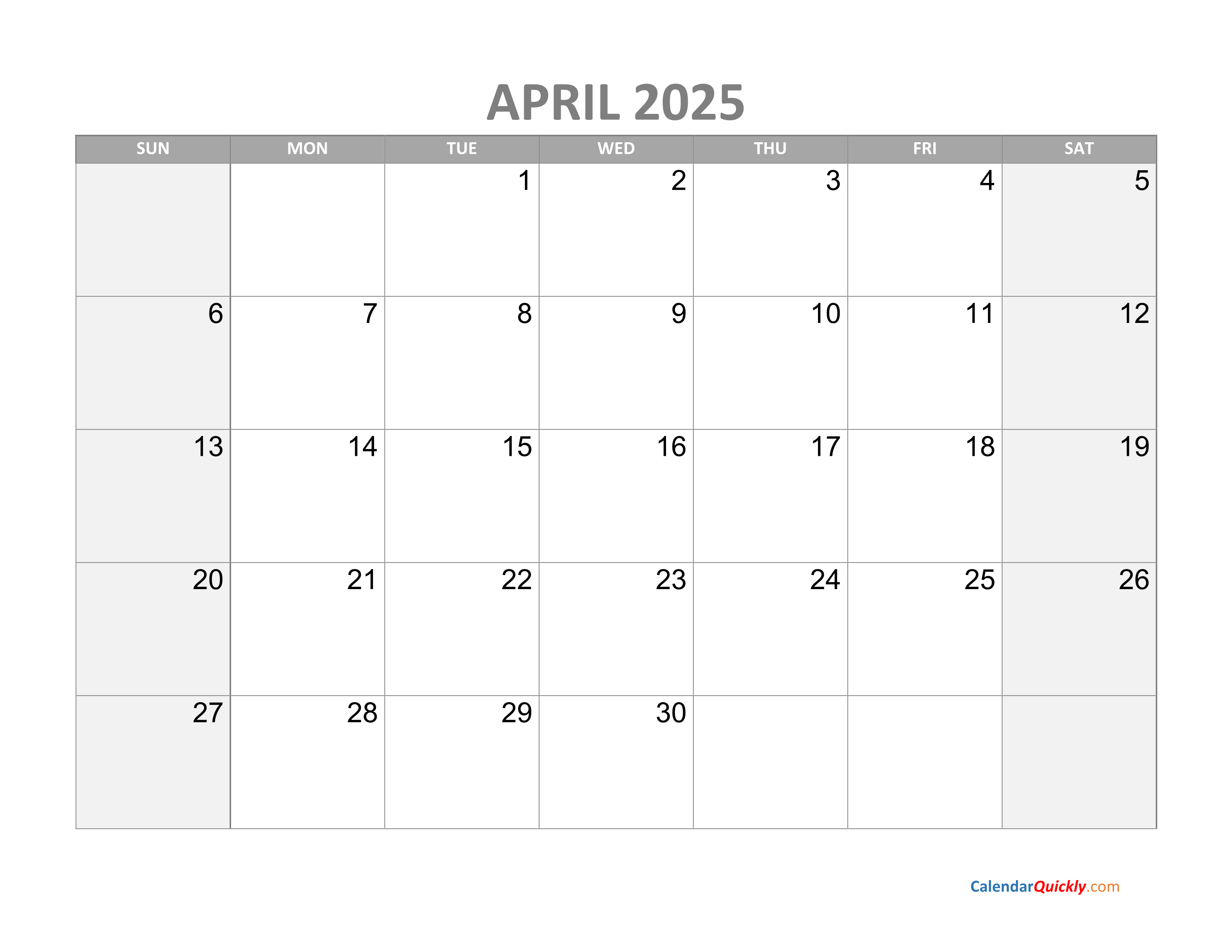 April Calendar 2025 with Holidays Calendar Quickly