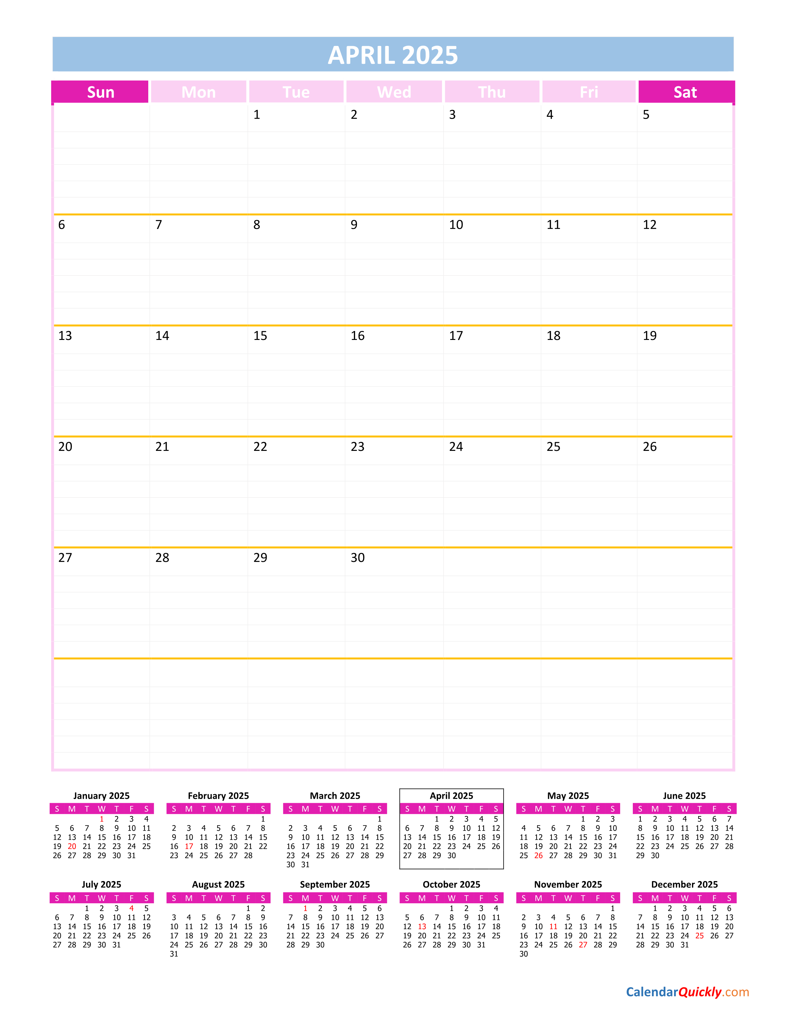 April 2025 Calendar National Days Templates Printable Free