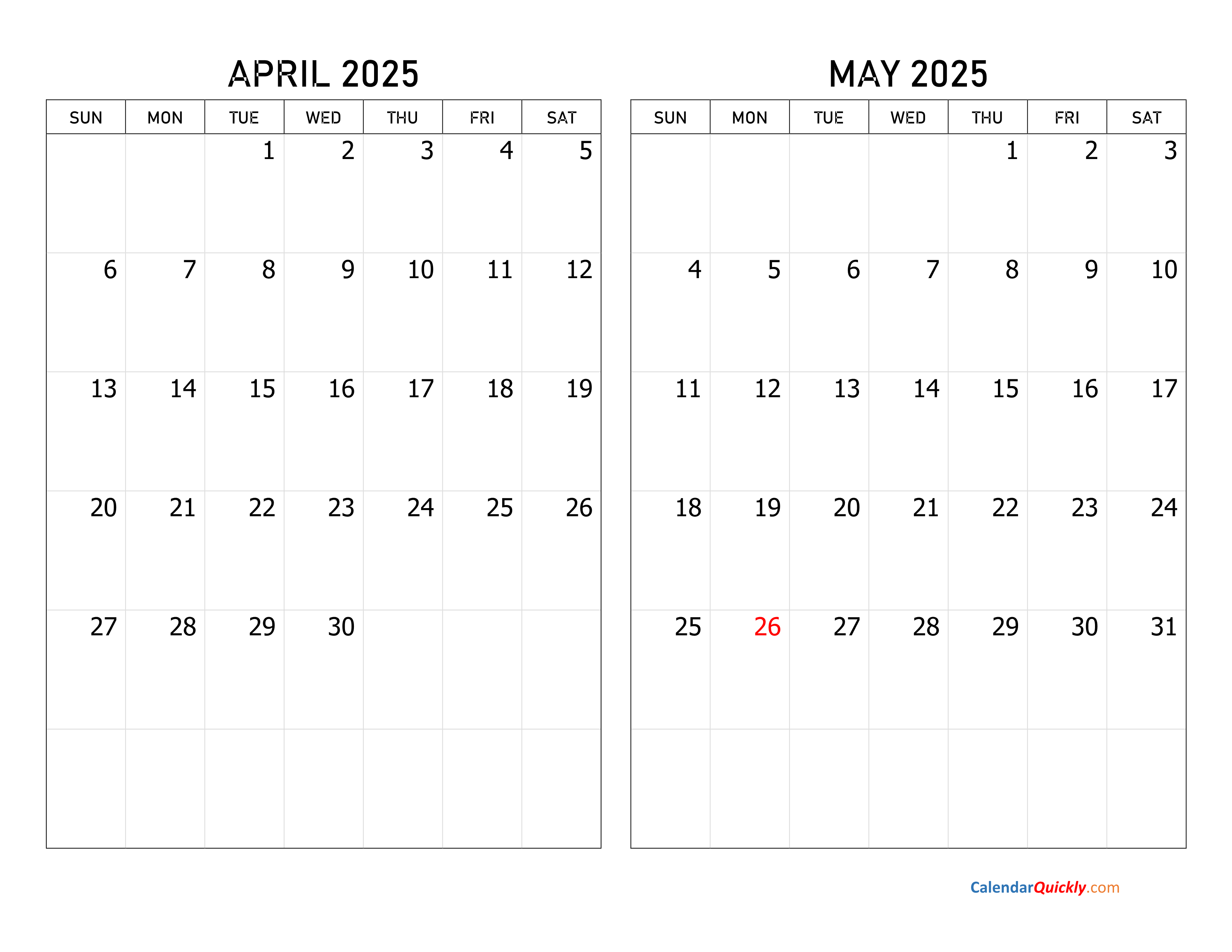 April and May 2025 Calendar Calendar Quickly