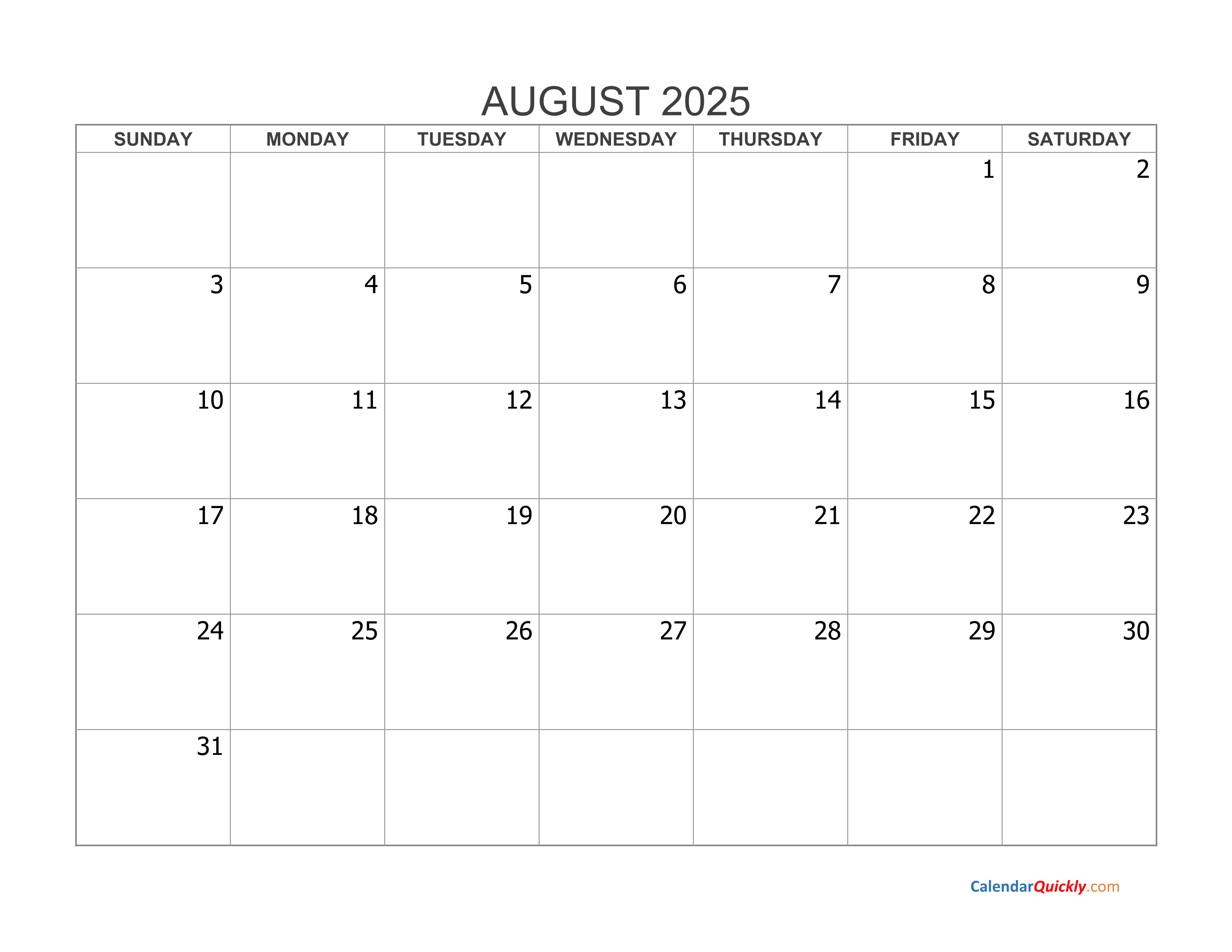 August 2025 Blank Calendar Calendar Quickly