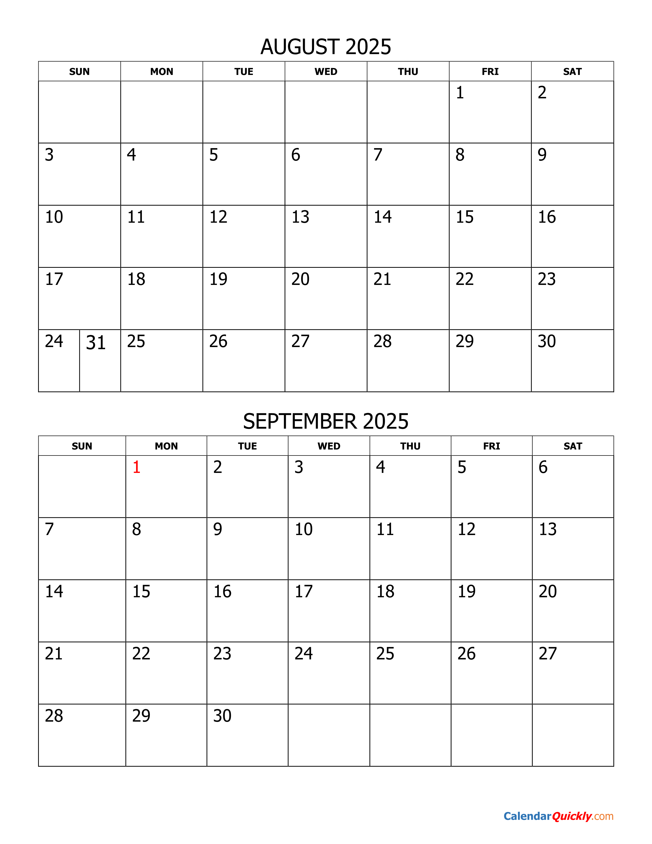 August and September 2025 Calendar Calendar Quickly