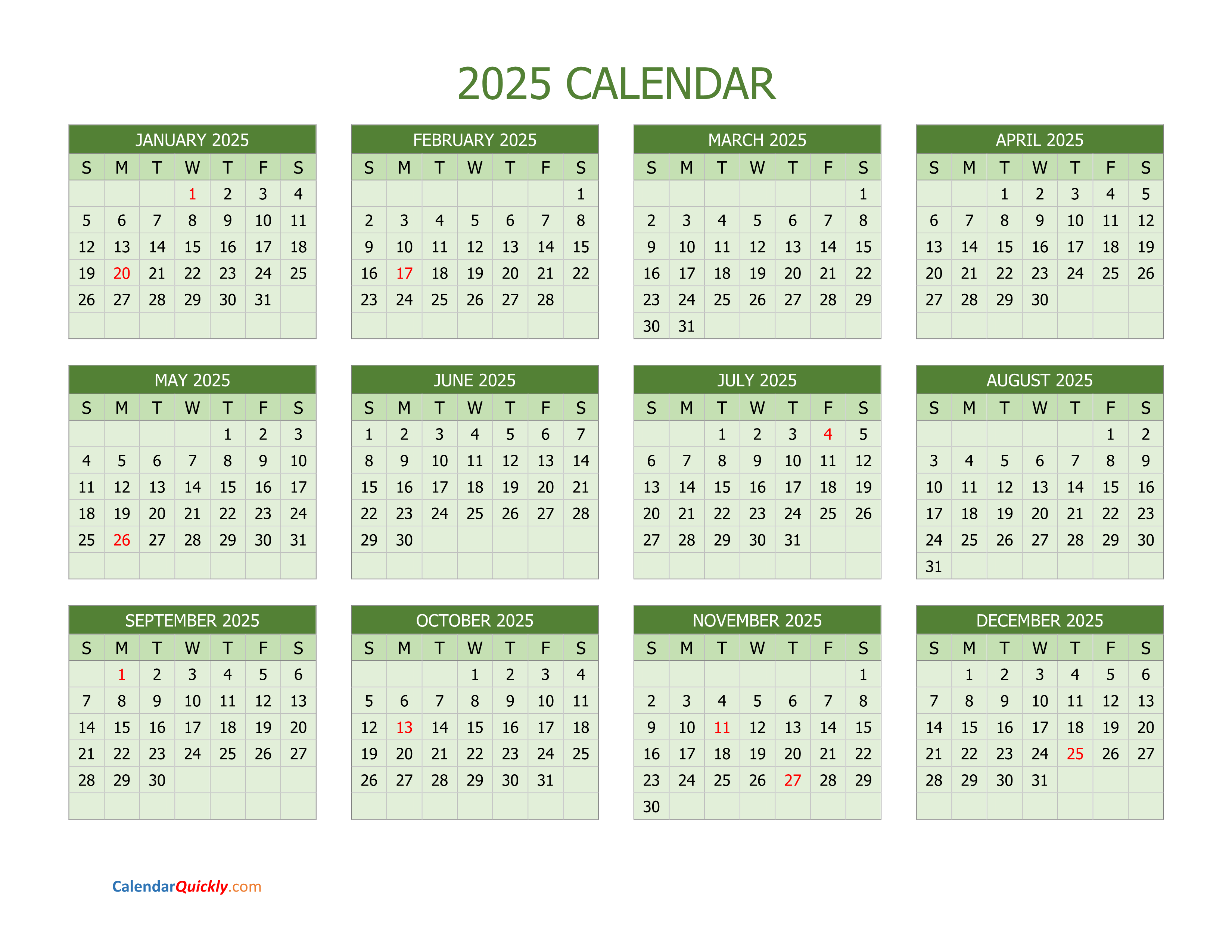 Calendar 2025 Landscape Year At A Glance In Colour 