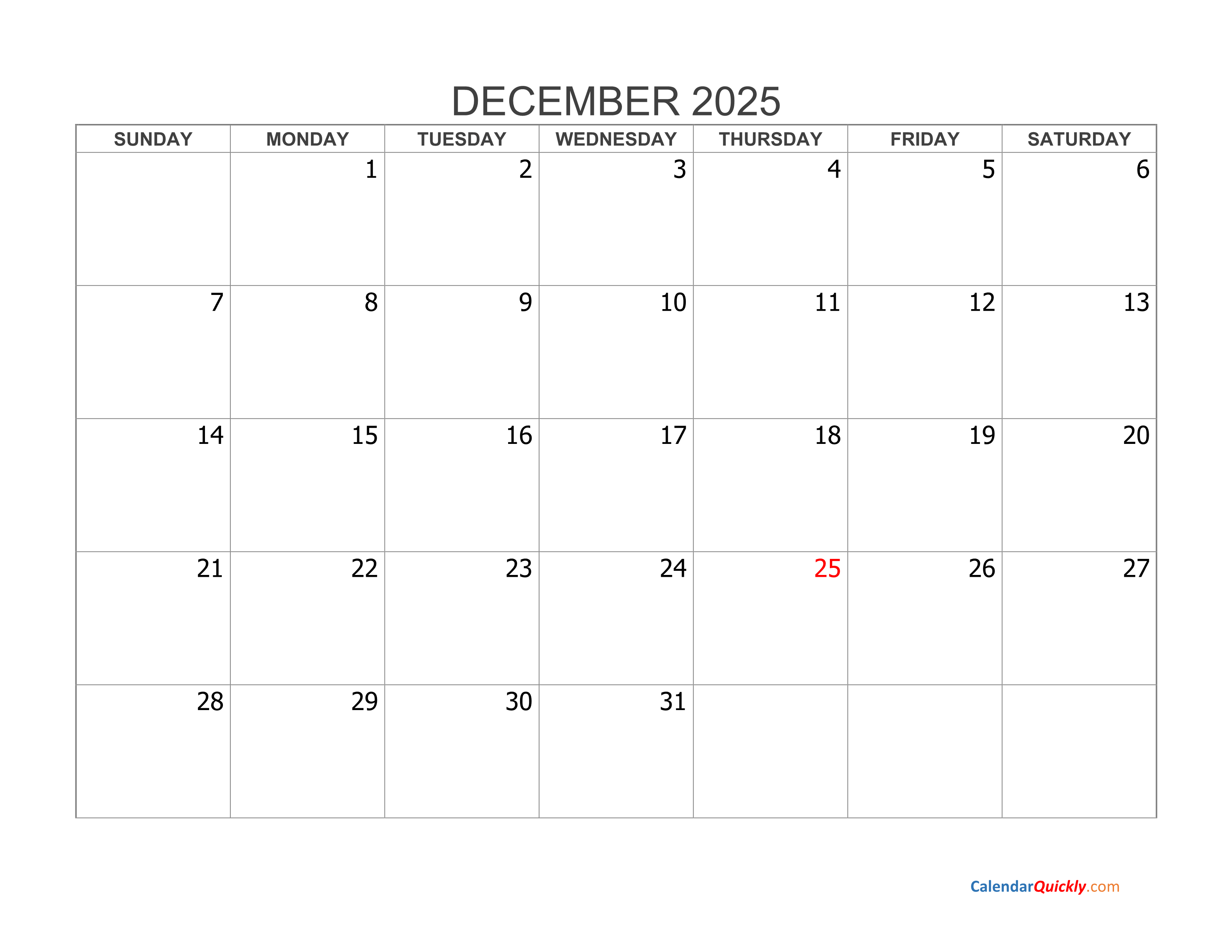 Blank December Calendar 2025