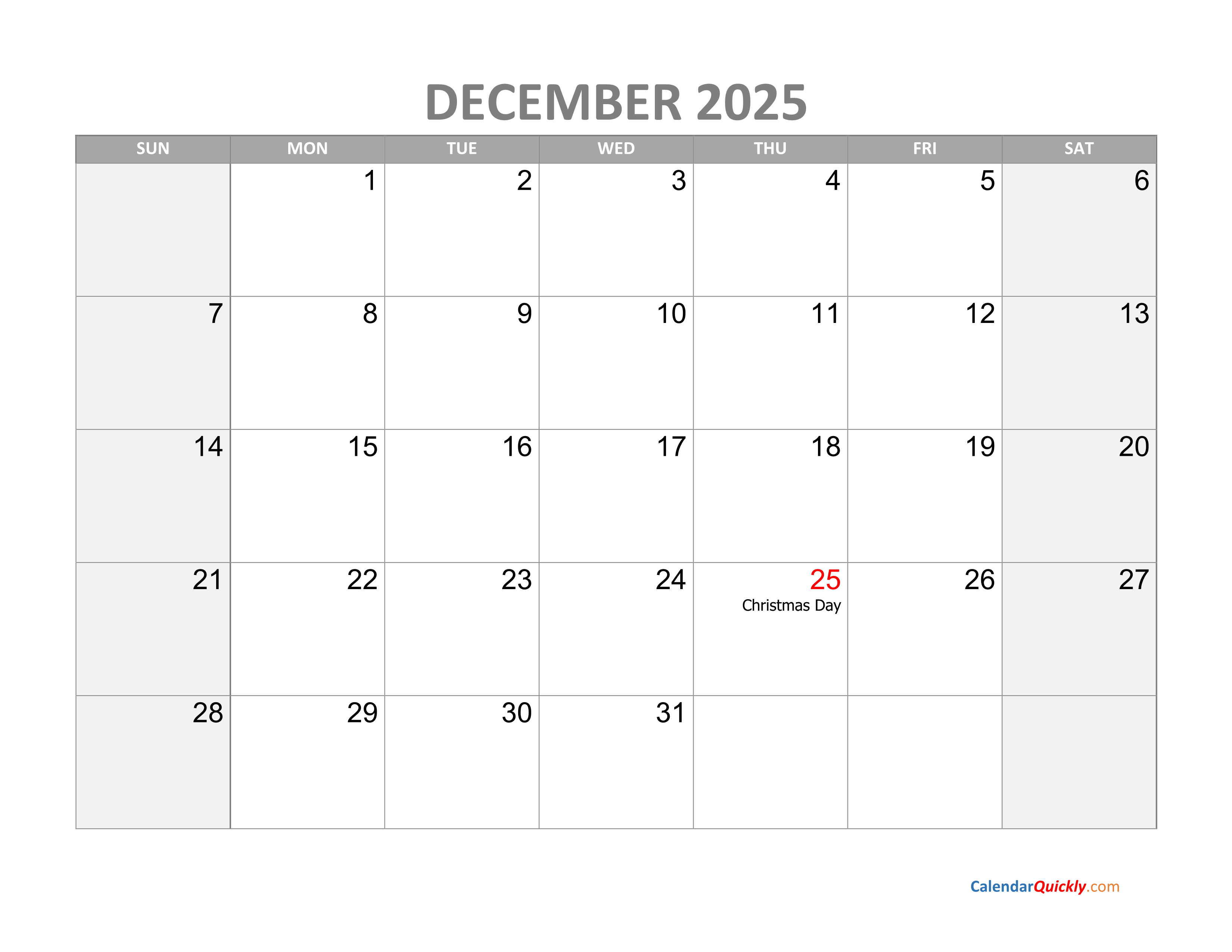 Free Printable Monthly Calendar 2025 December With Holidays