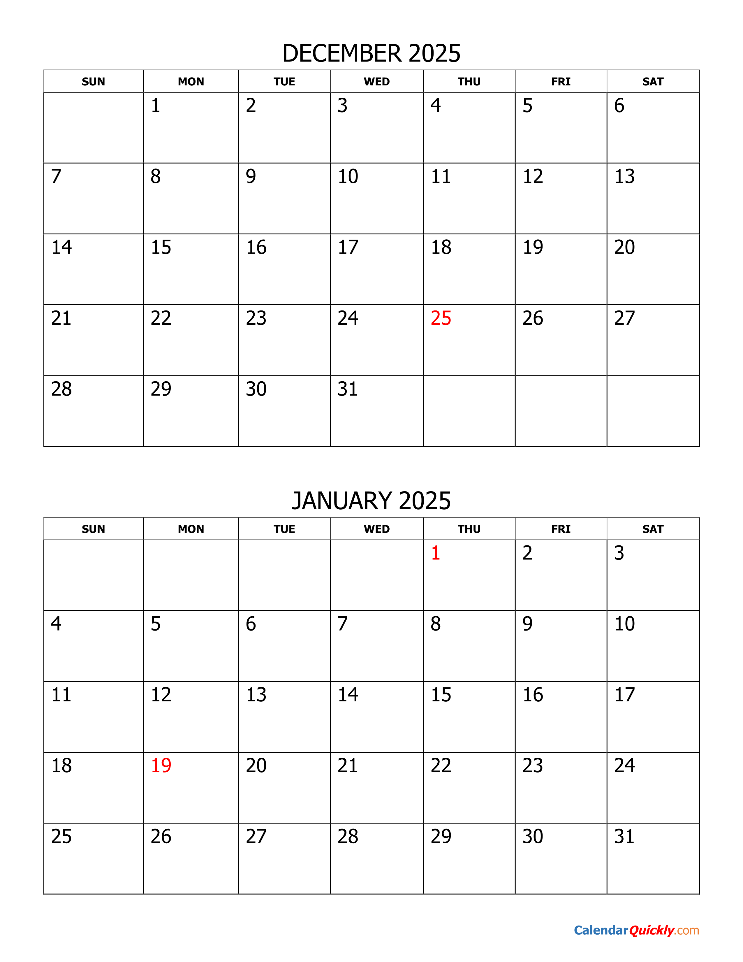 December 2025 January 2025 Calendar With Holidays Printable