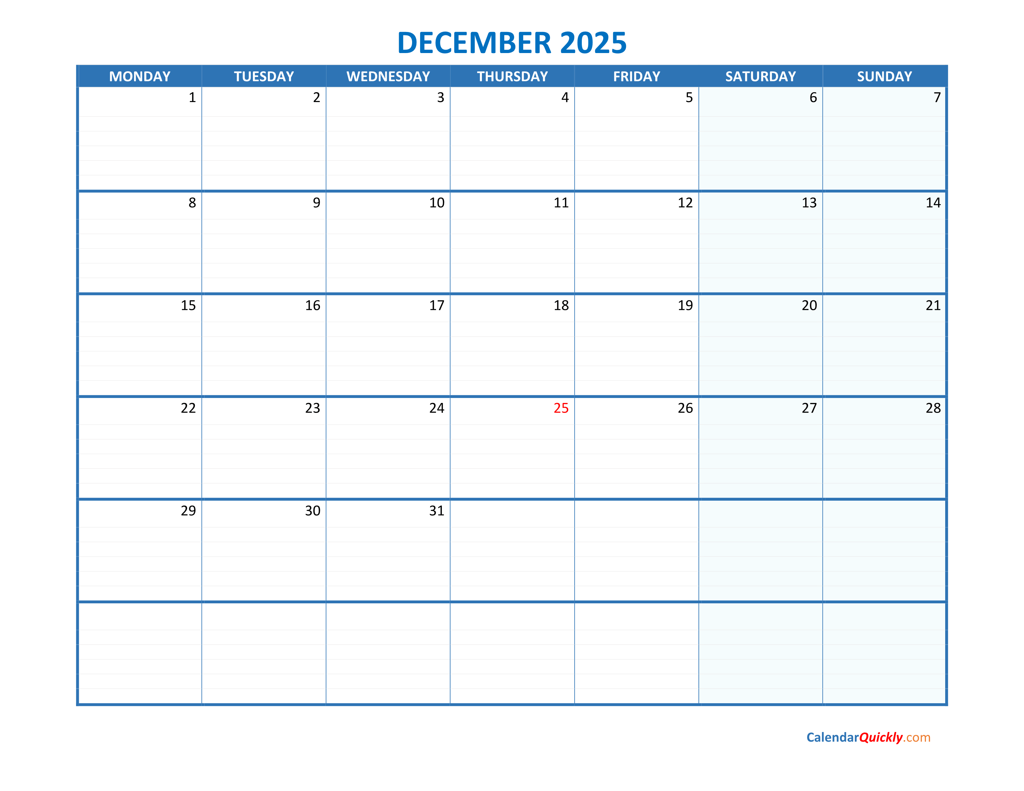 December Monday 2025 Blank Calendar Calendar Quickly