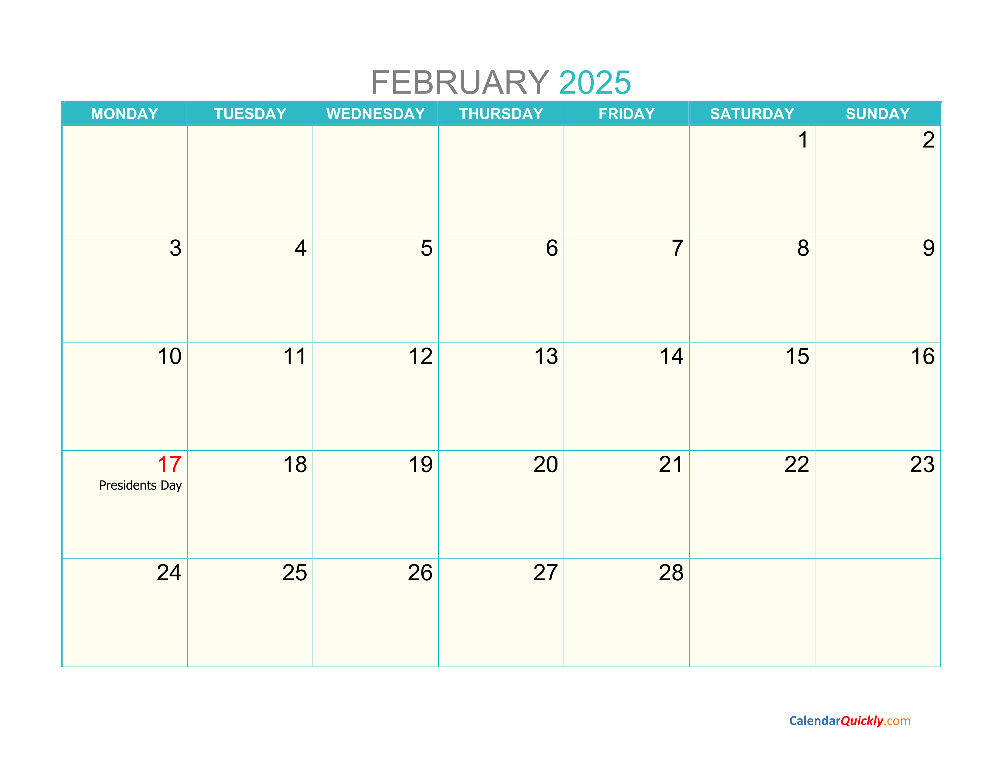 February 2025 Printable Calendar