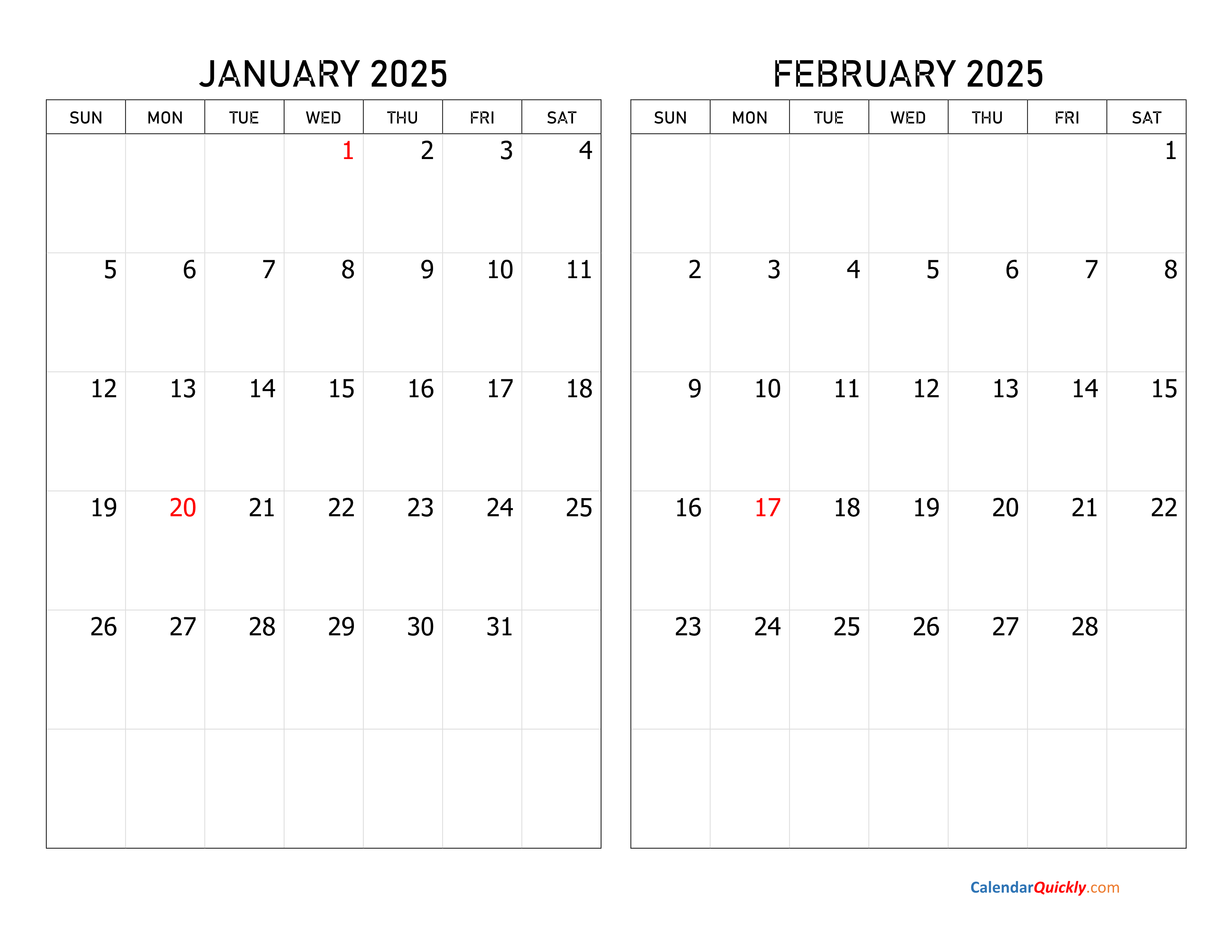 January and February 2025 Calendar Calendar Quickly