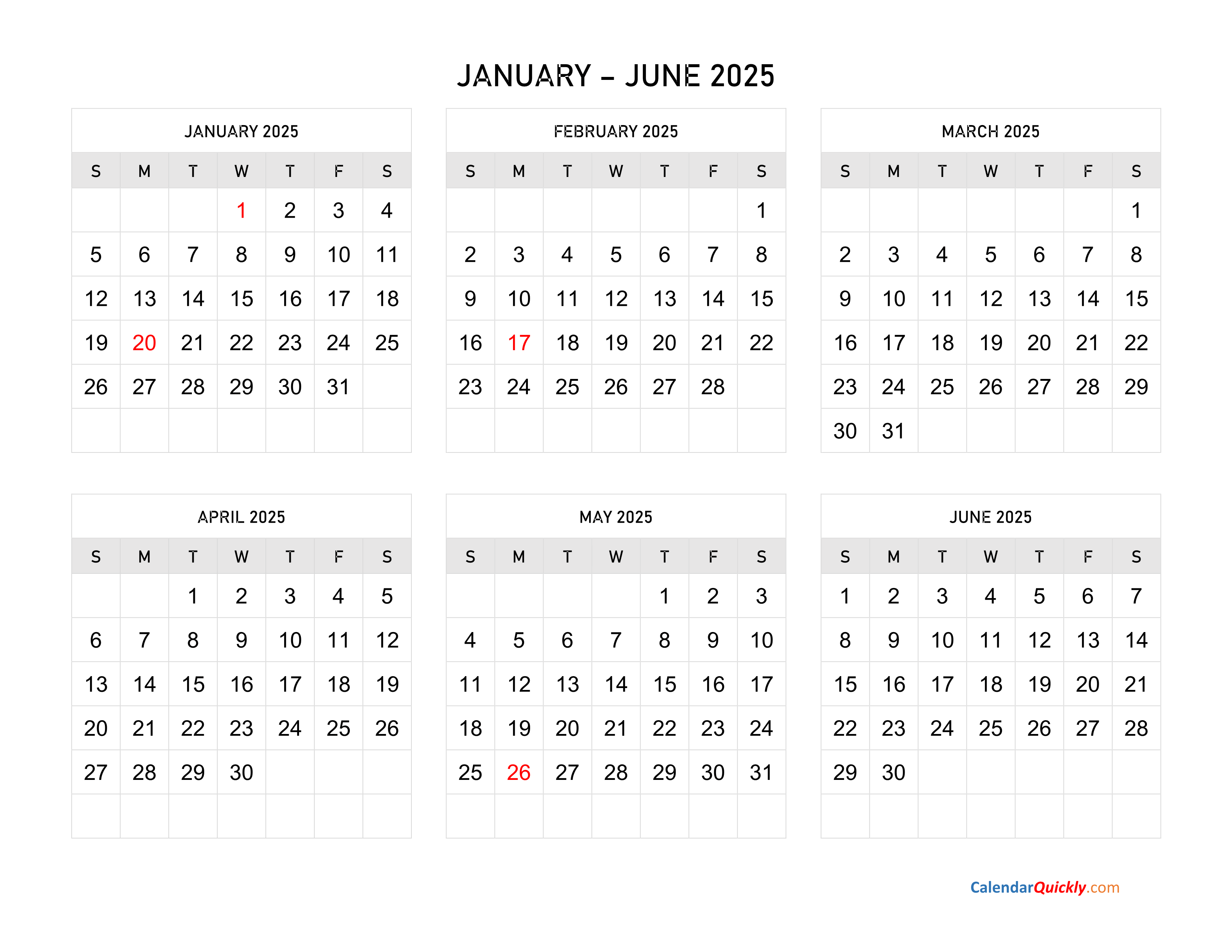 January to June 2025 Calendar Horizontal Calendar Quickly