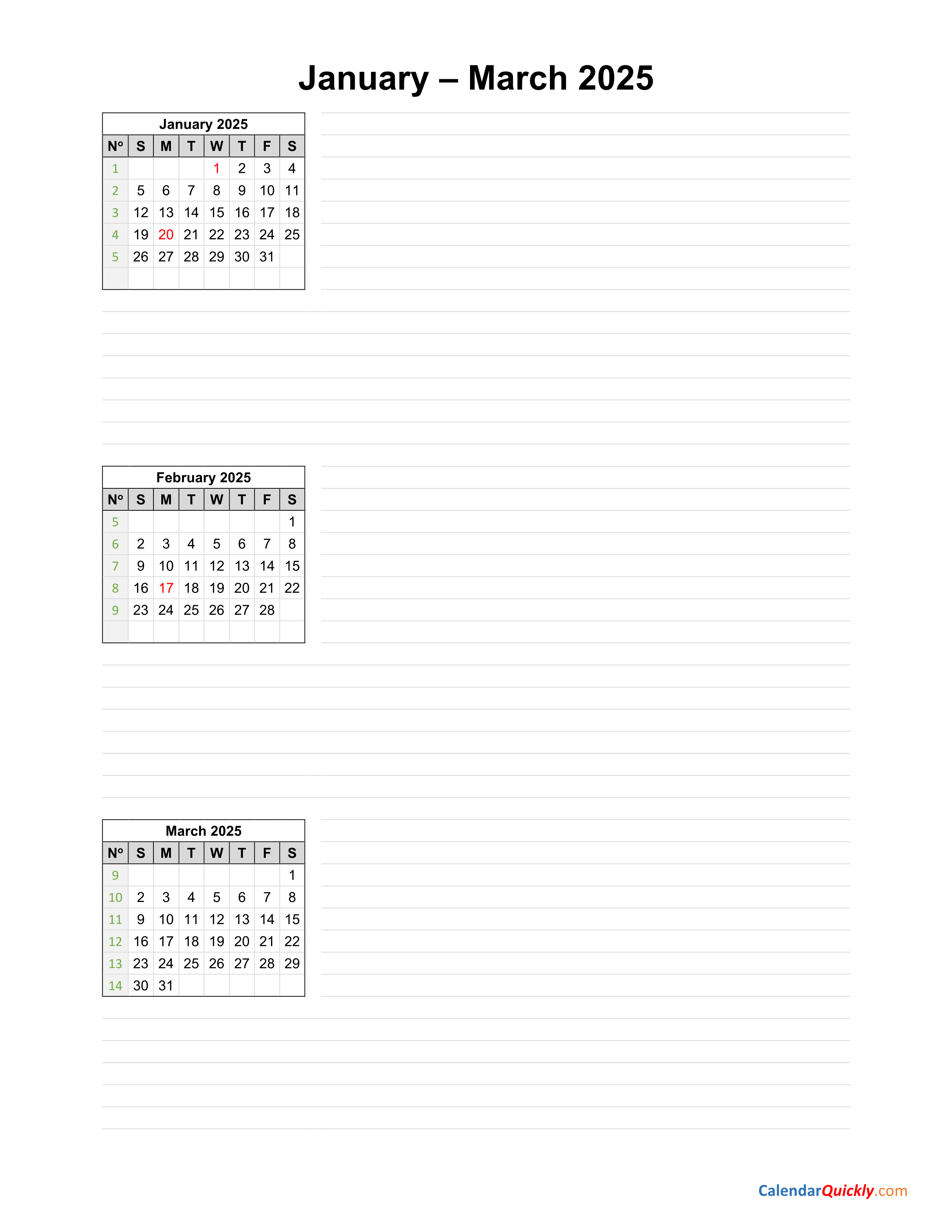 January to March 2025 Calendar Calendar Quickly