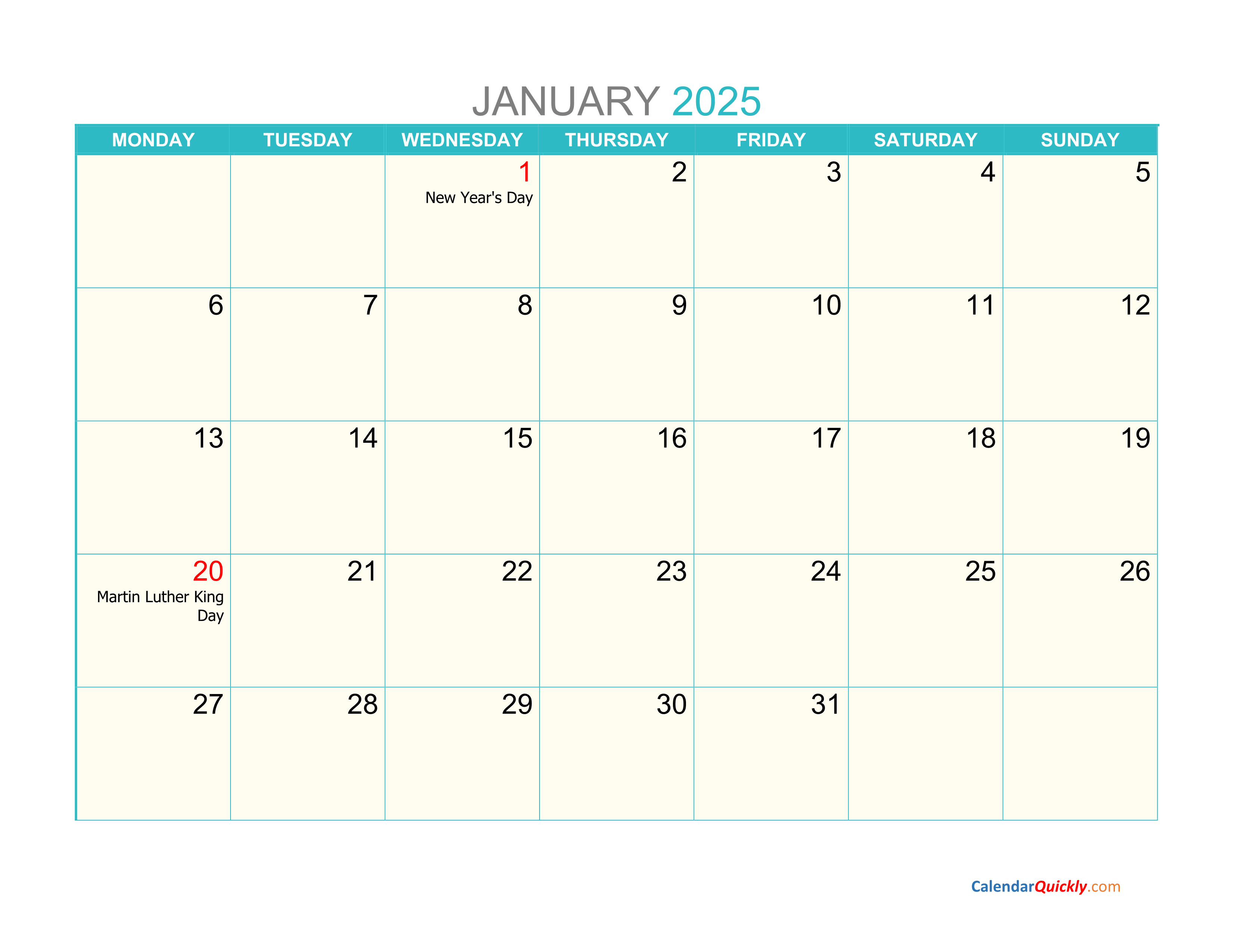 January 2025 Calendar Pretty Day