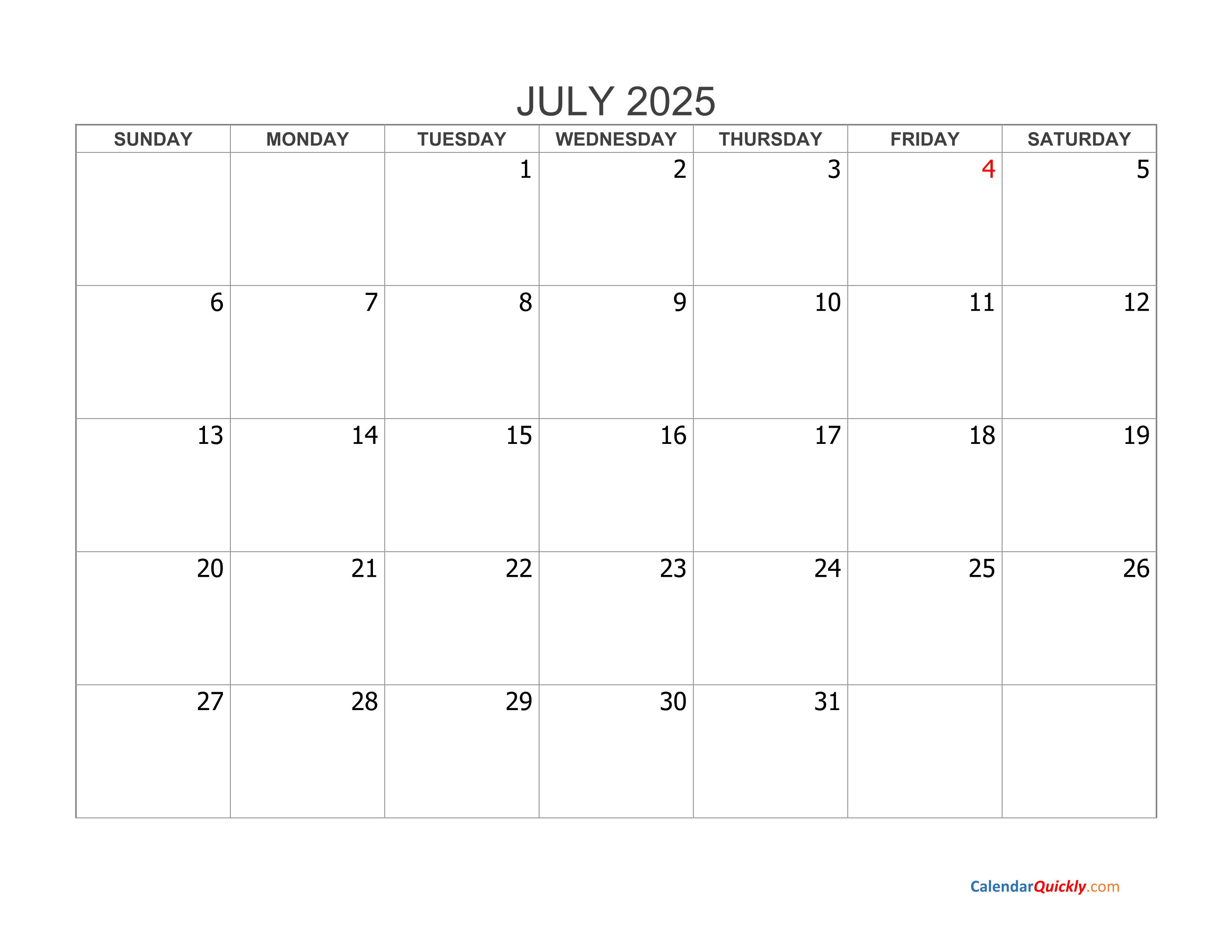 July 2025 Blank Calendar Calendar Quickly