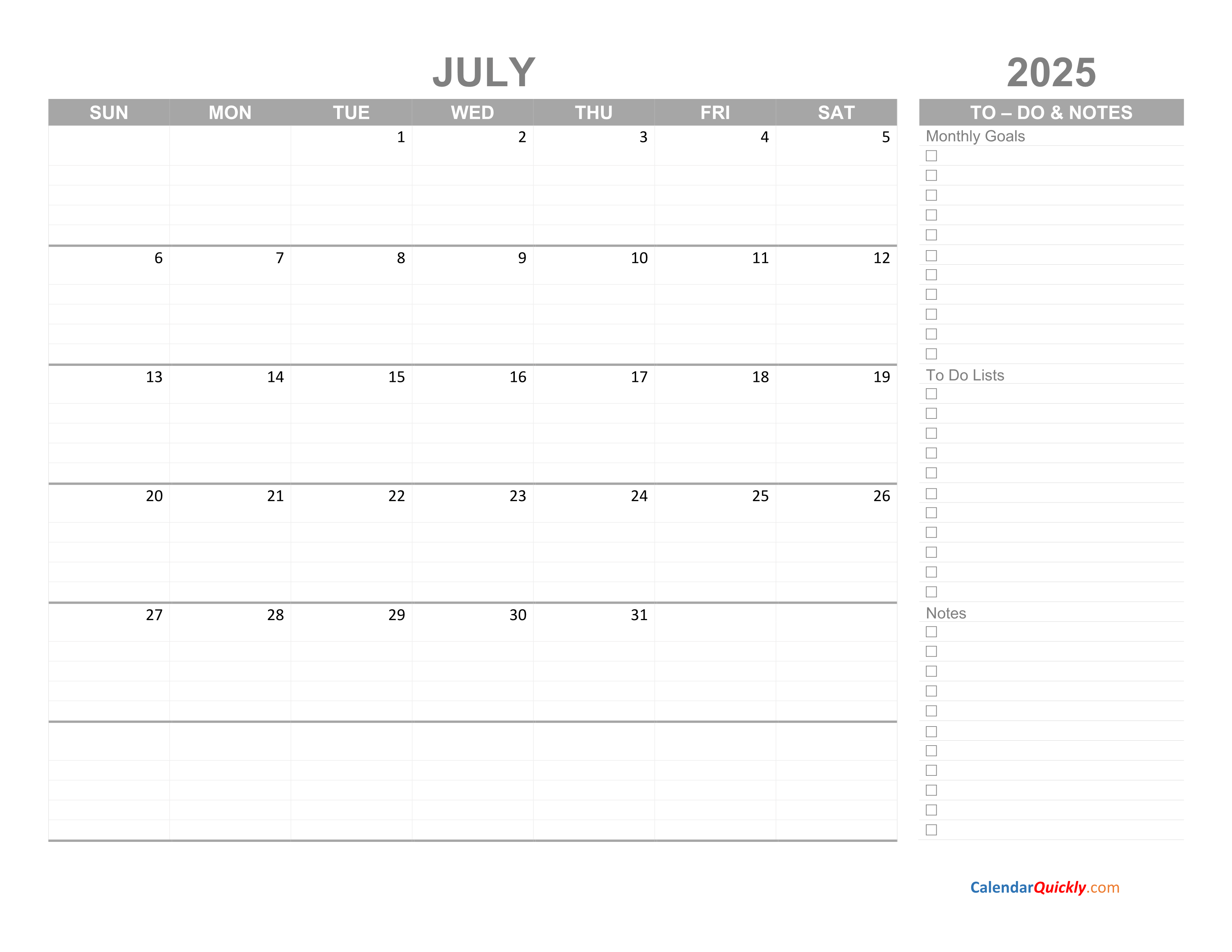 July 2025 Calendar with ToDo List Calendar Quickly