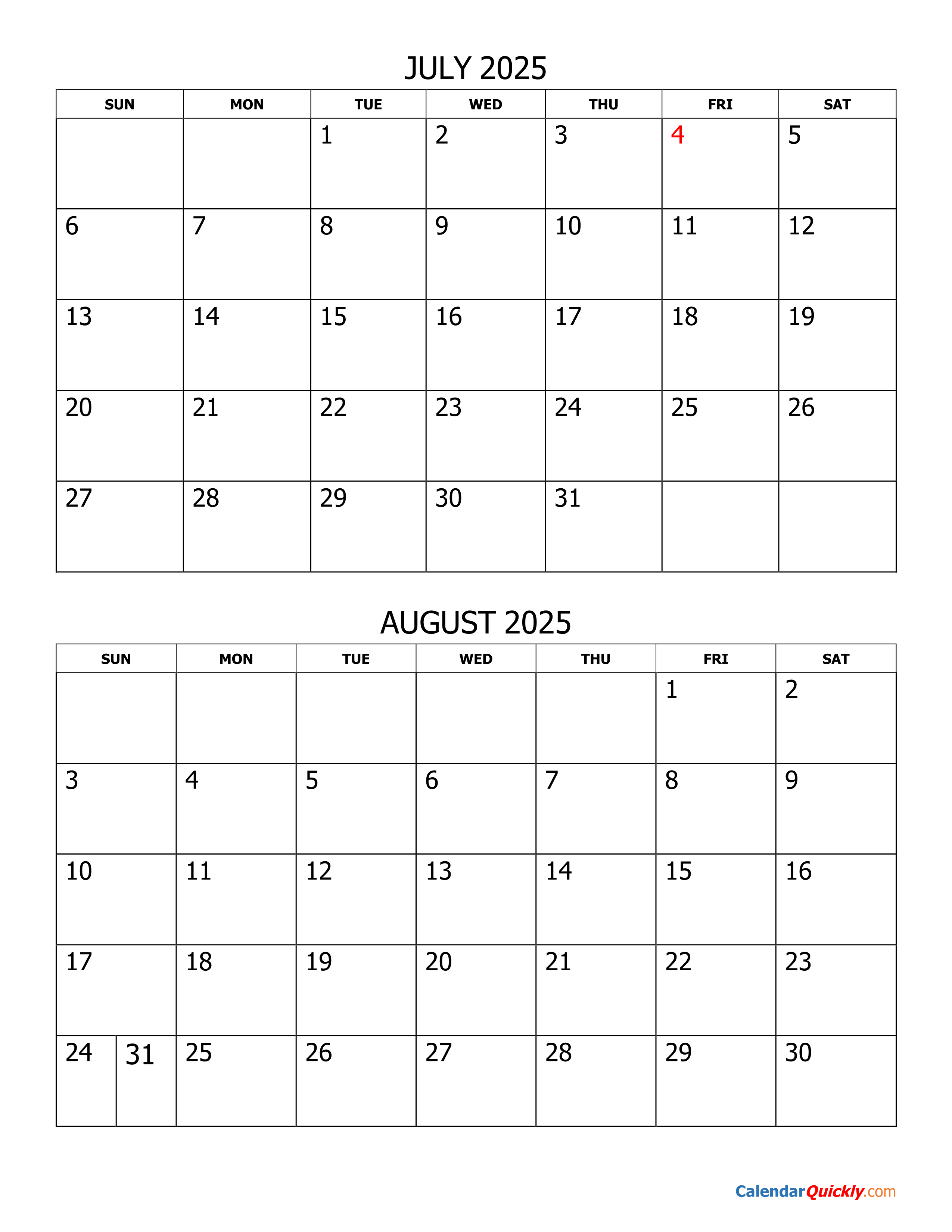 July and August 2025 Calendar Calendar Quickly