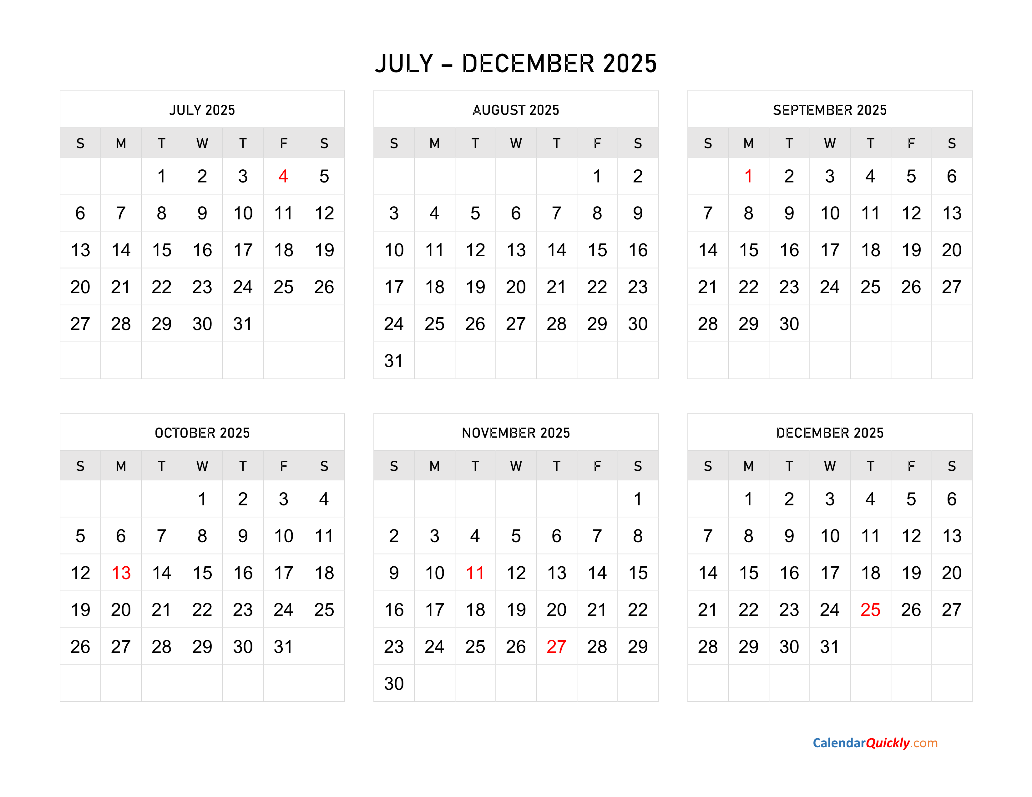 July to December 2025 Calendar Horizontal Calendar Quickly