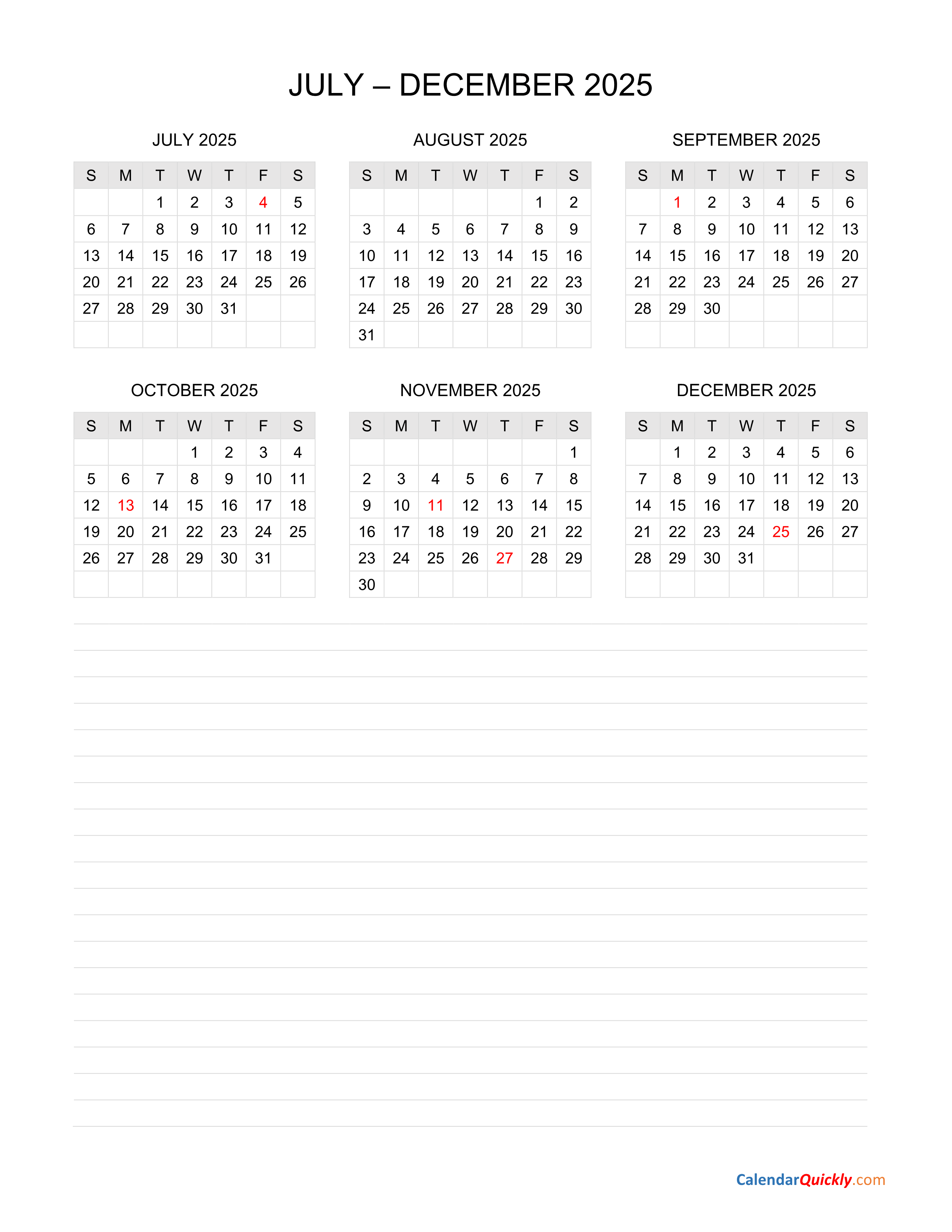 July to December 2025 Calendar with Notes Calendar Quickly