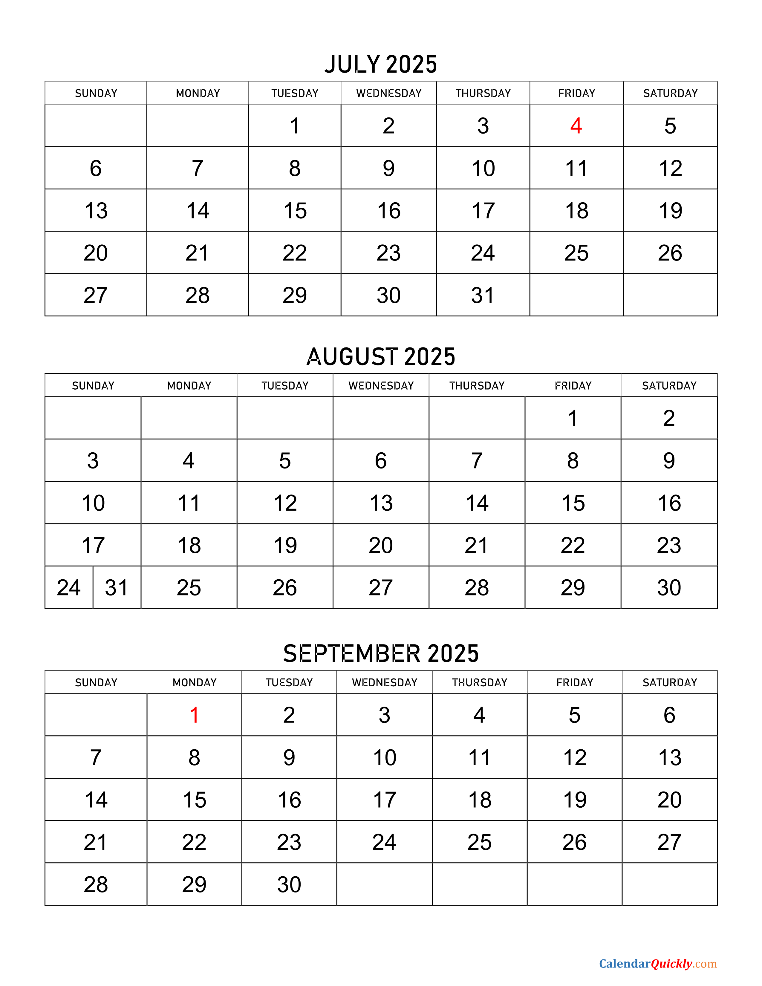 July to September 2025 Calendar Calendar Quickly