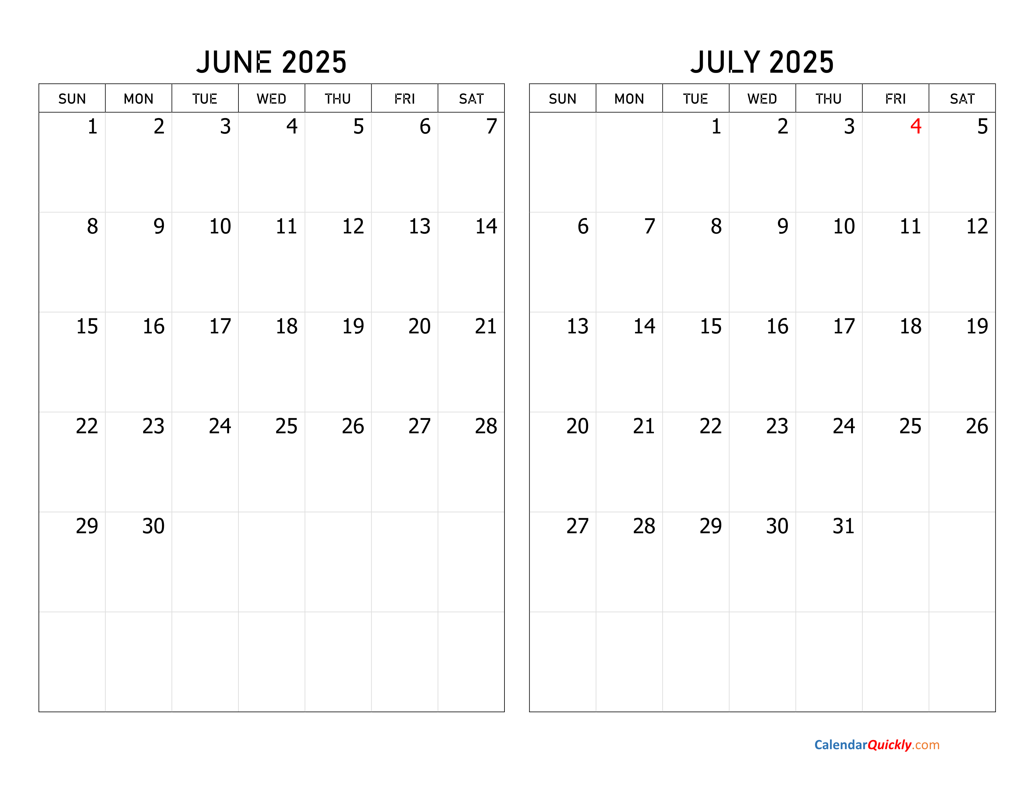 2025 Calendar June And July