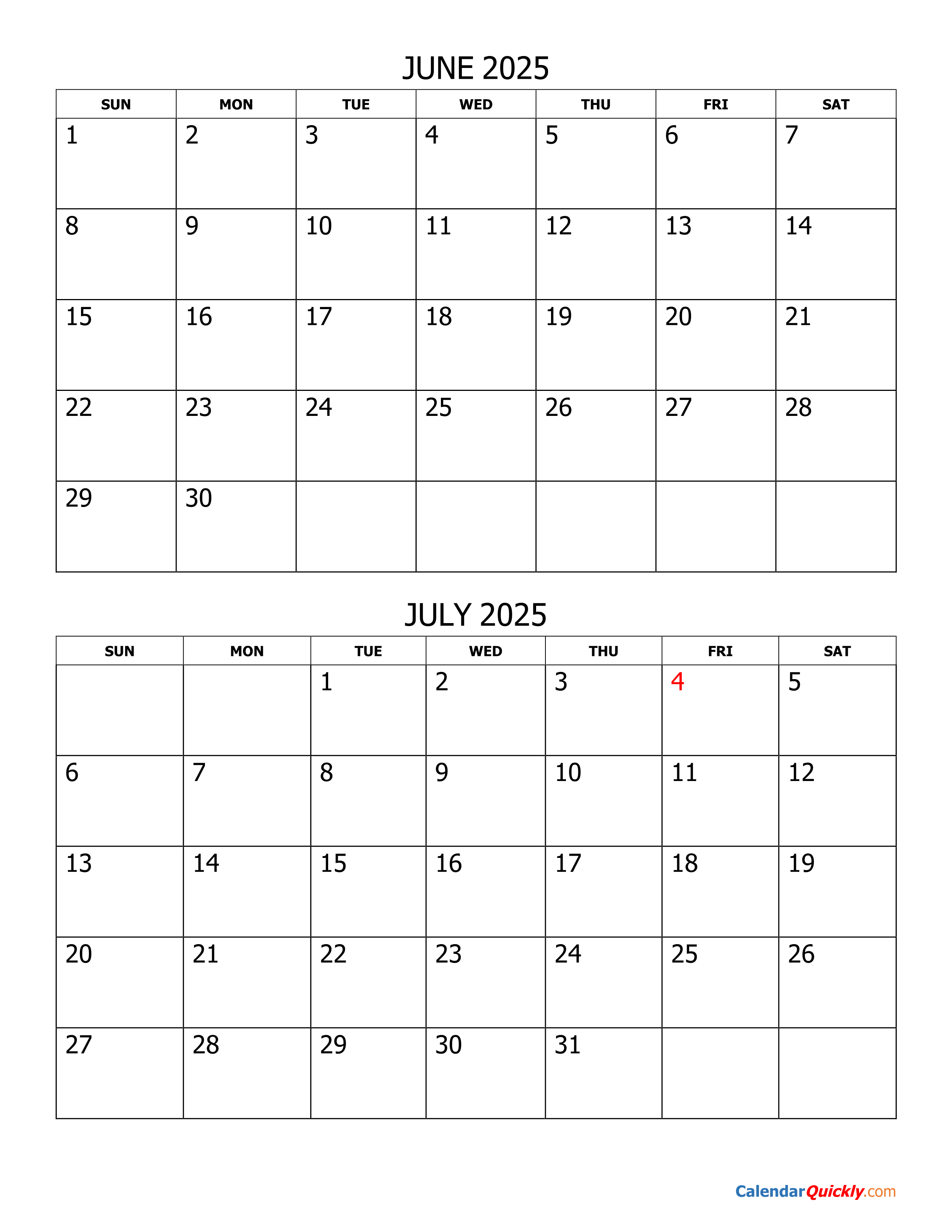 2025 Calendar June And July