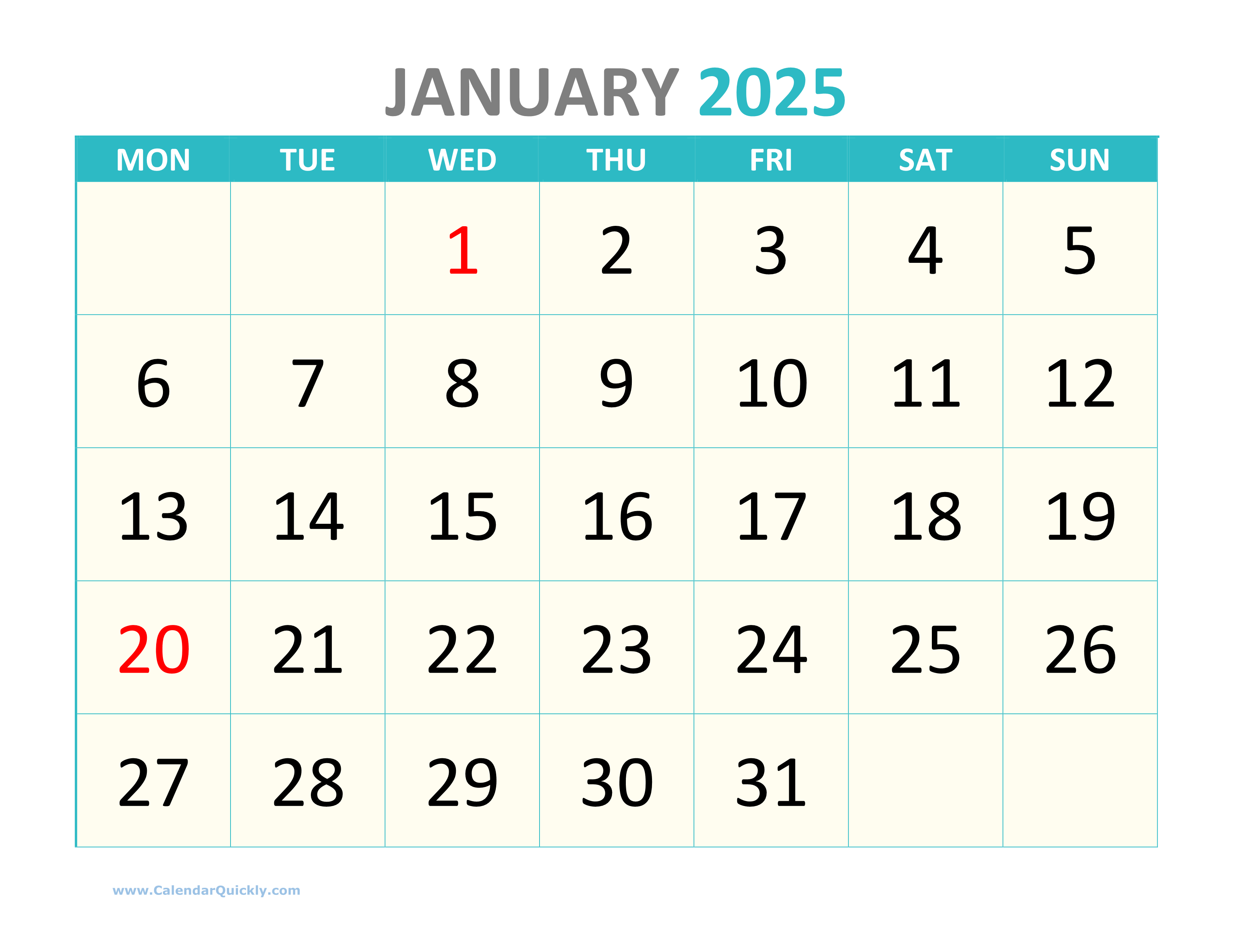 Large Monday Printable 2025 Calendar Calendar Quickly